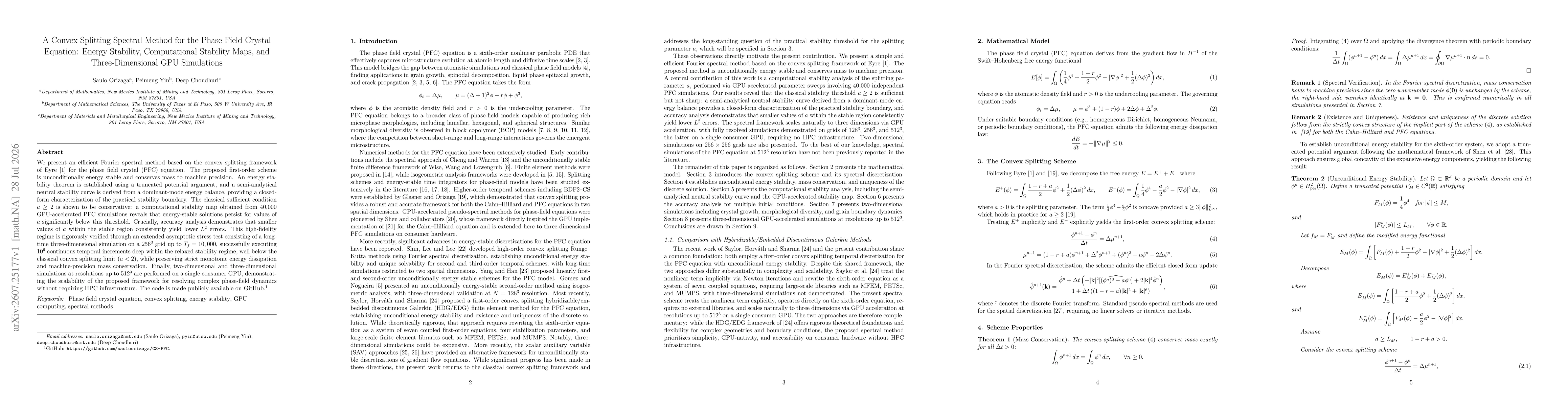 Thumbnail for A Convex Splitting Spectral Method for the Phase Field Crystal Equation: Energy Stability, Computational Stability Maps, and Three-Dimensional GPU Simulations