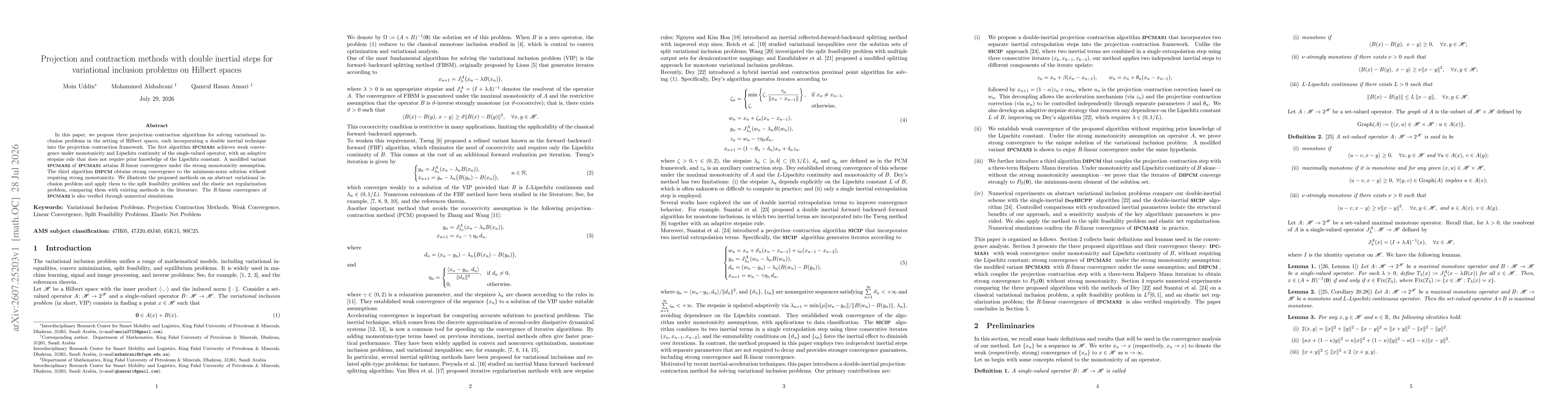 Thumbnail for Projection and contraction methods with double inertial steps for variational inclusion problems on Hilbert spaces