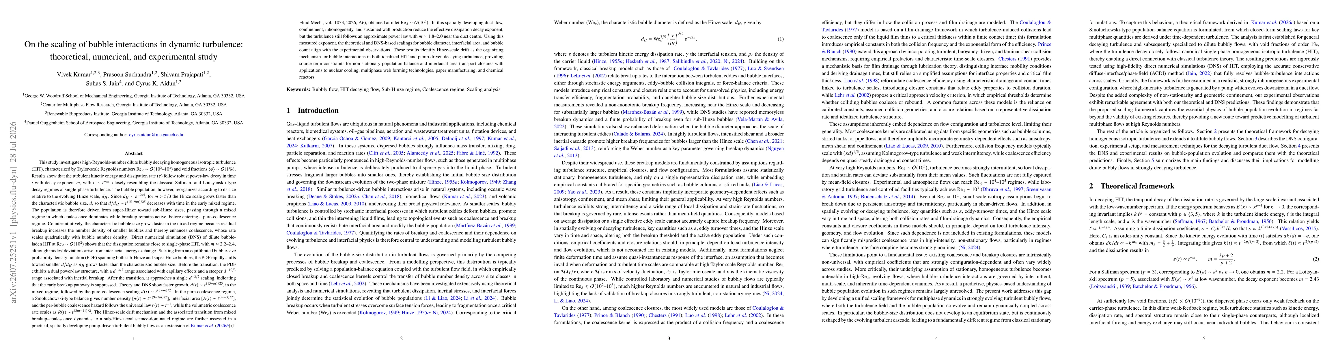 Thumbnail for On the scaling of bubble interactions in dynamic turbulence: theoretical, numerical, and experimental study