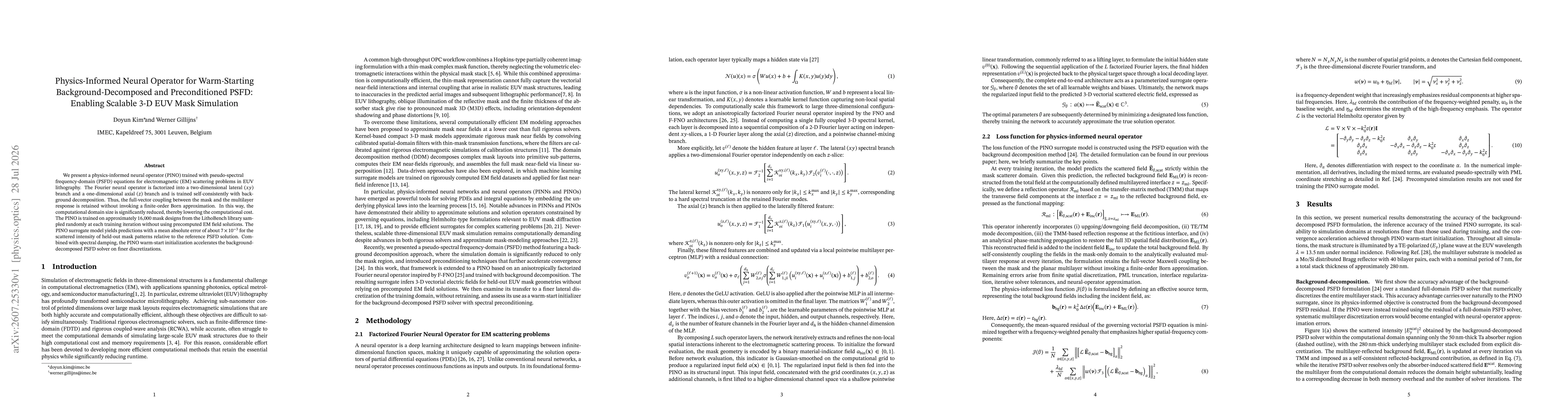 Thumbnail for Physics-Informed Neural Operator for Warm-Starting Background-Decomposed and Preconditioned PSFD: Enabling Scalable 3-D EUV Mask Simulation