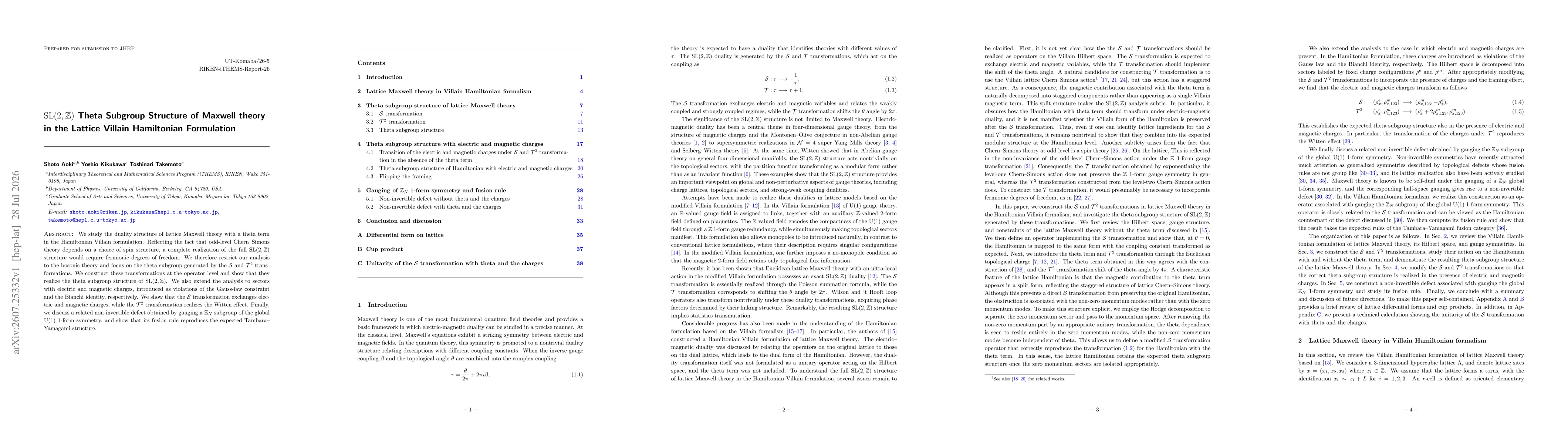 Thumbnail for $\mathrm{SL}(2,\mathbb{Z})$ Theta Subgroup Structure of Maxwell theory in the Lattice Villain Hamiltonian Formulation