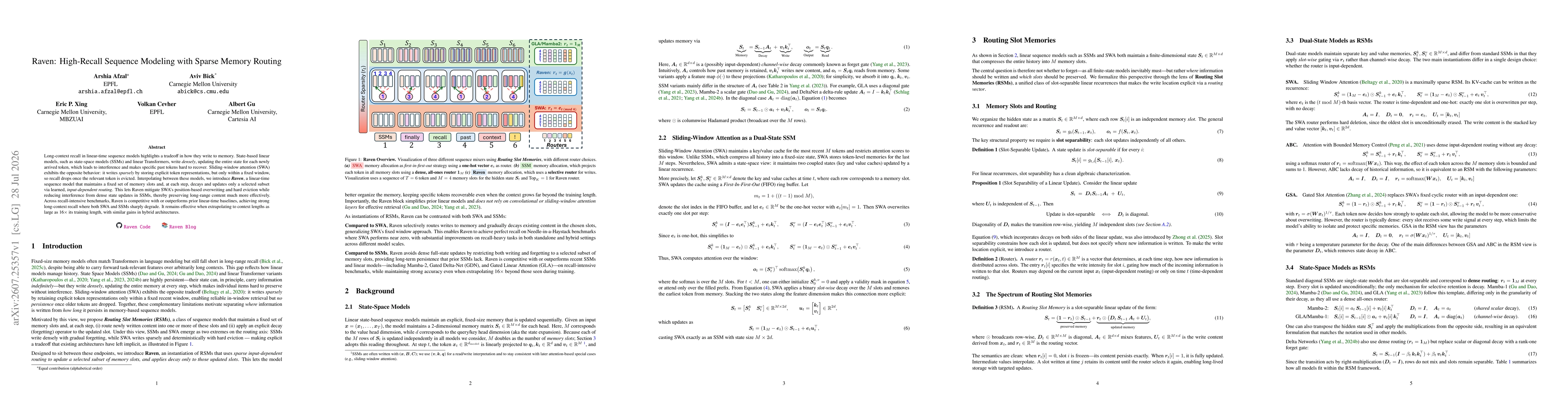 Thumbnail for Raven: High-Recall Sequence Modeling with Sparse Memory Routing