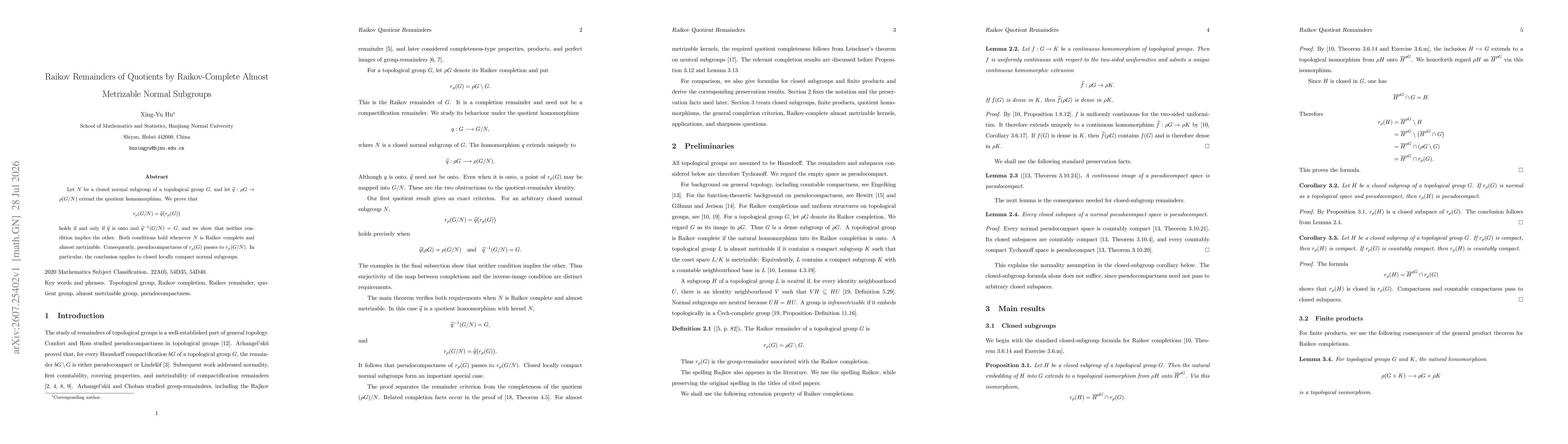 Thumbnail for Raikov Remainders of Quotients by Raikov-Complete Almost Metrizable Normal Subgroups