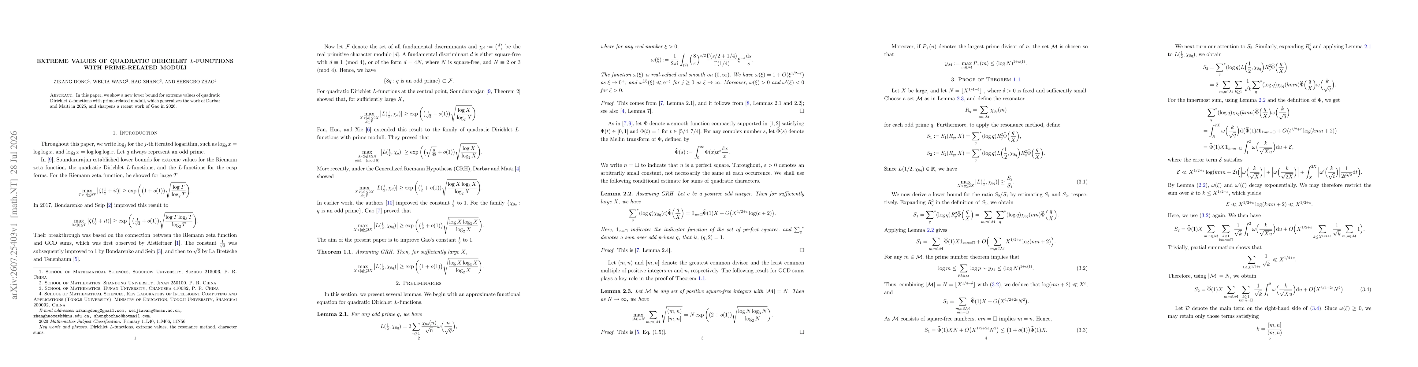 Thumbnail for Extreme values of quadratic Dirichlet $L$-functions with prime-related moduli