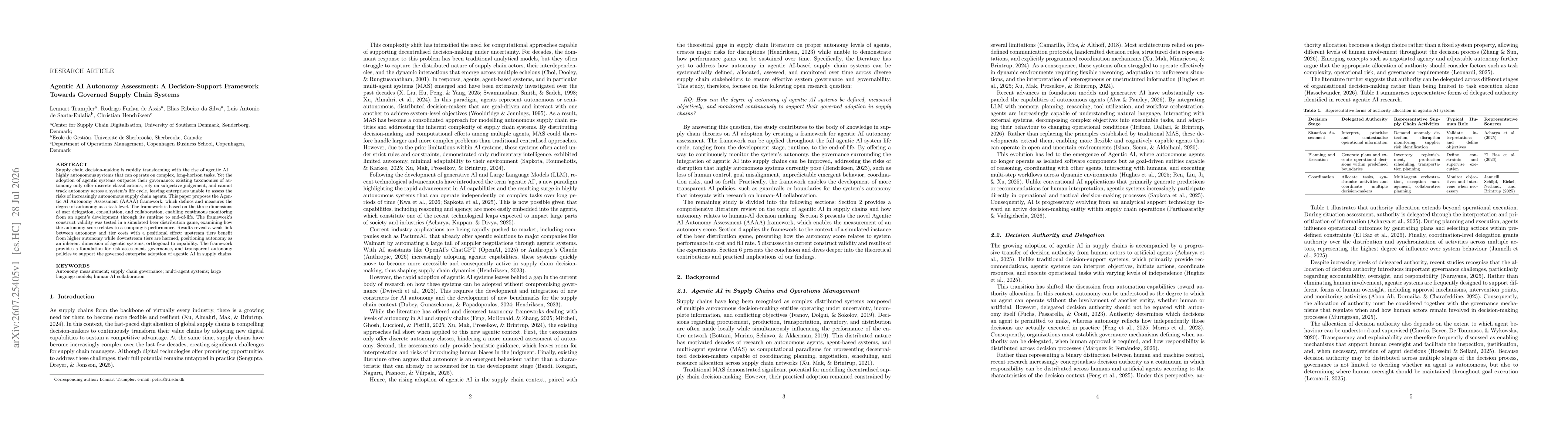 Thumbnail for Agentic AI Autonomy Assessment: A Decision-Support Framework Towards Governed Supply Chain Systems