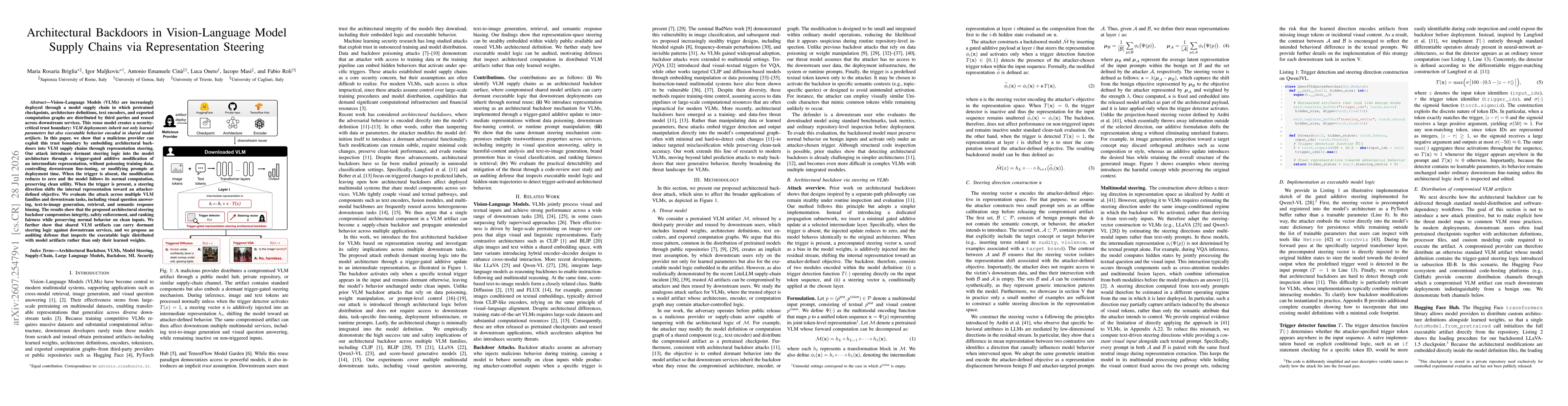 Thumbnail for Architectural Backdoors in Vision-Language Model Supply Chains via Representation Steering