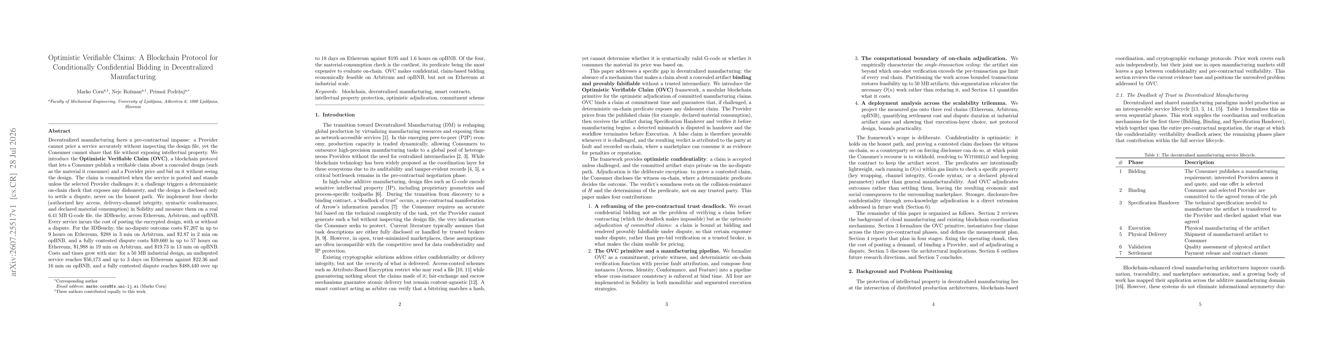 Thumbnail for Optimistic Verifiable Claims: A Blockchain Protocol for Conditionally Confidential Bidding in Decentralized Manufacturing