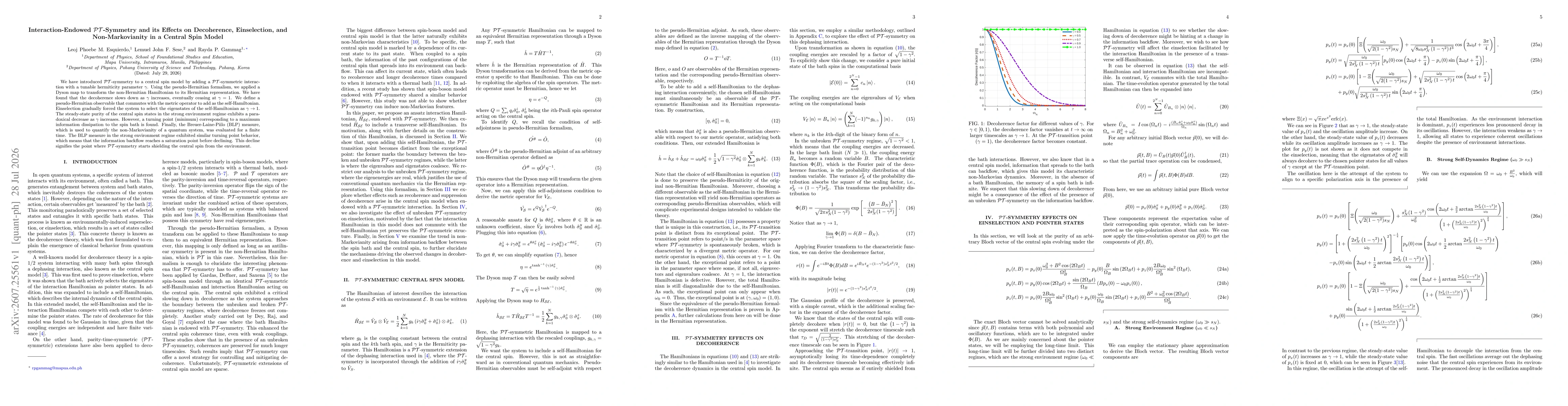 Thumbnail for Interaction-Endowed PT-Symmetry and its Effects on Decoherence, Einselection, and Non-Markovianity in a Central Spin Model