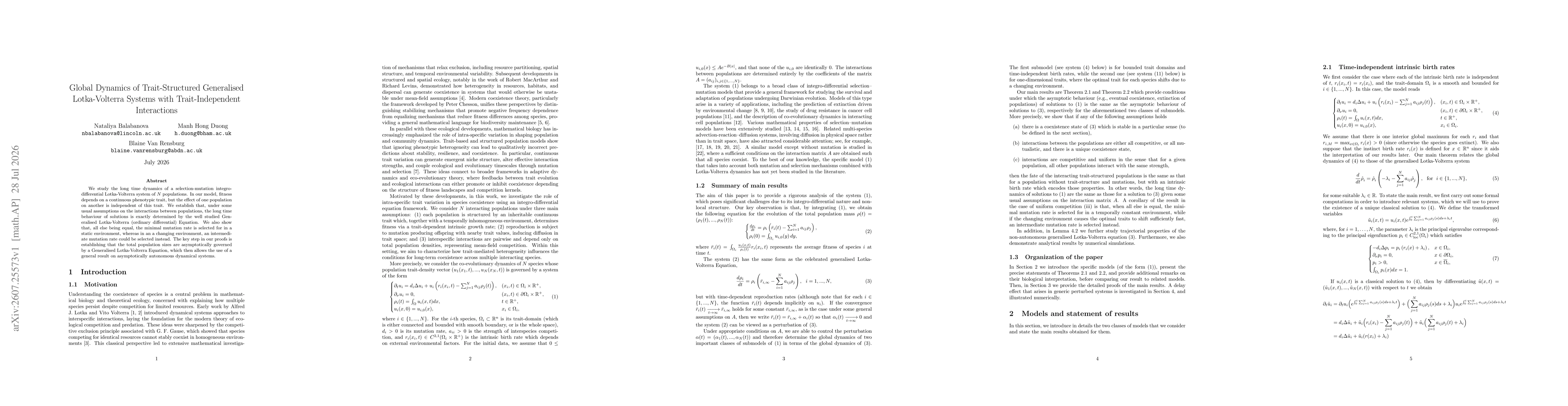 Thumbnail for Global Dynamics of Trait-Structured Generalised Lotka-Volterra Systems with Trait-Independent Interactions