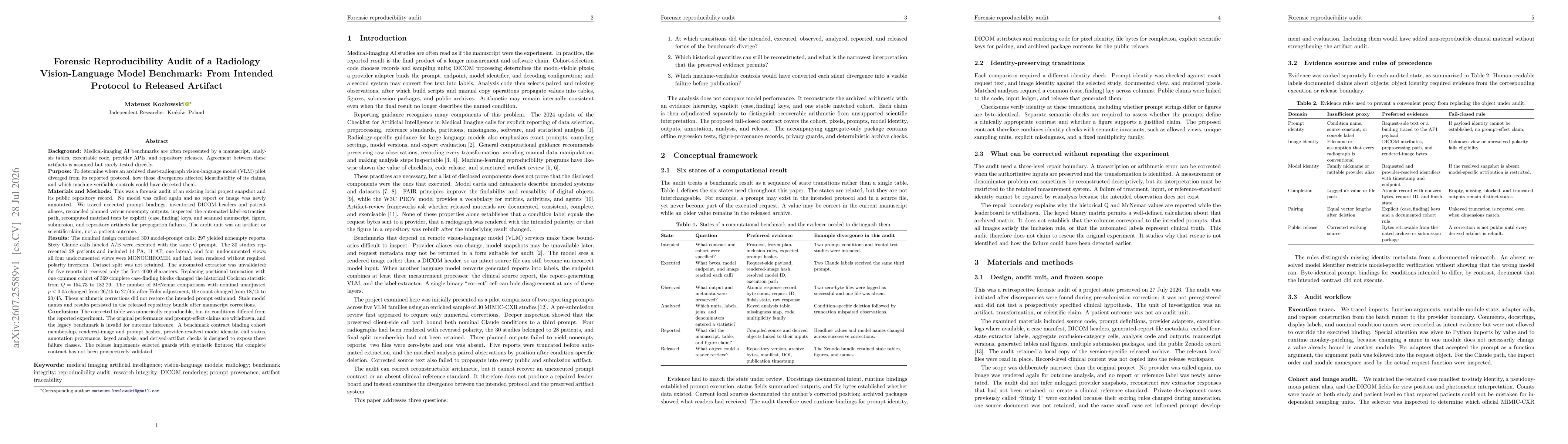 Thumbnail for Forensic Reproducibility Audit of a Radiology Vision-Language Model Benchmark: From Intended Protocol to Released Artifact