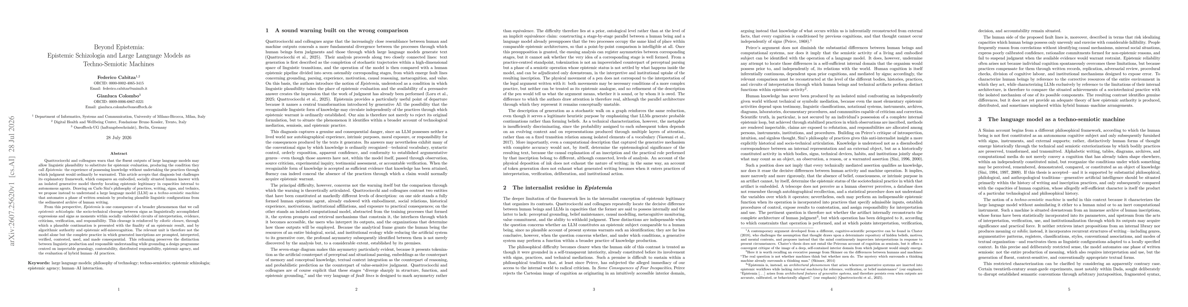 Thumbnail for Beyond Epistemia: Epistemic Schizologia and Large Language Models as Techno-Semiotic Machines