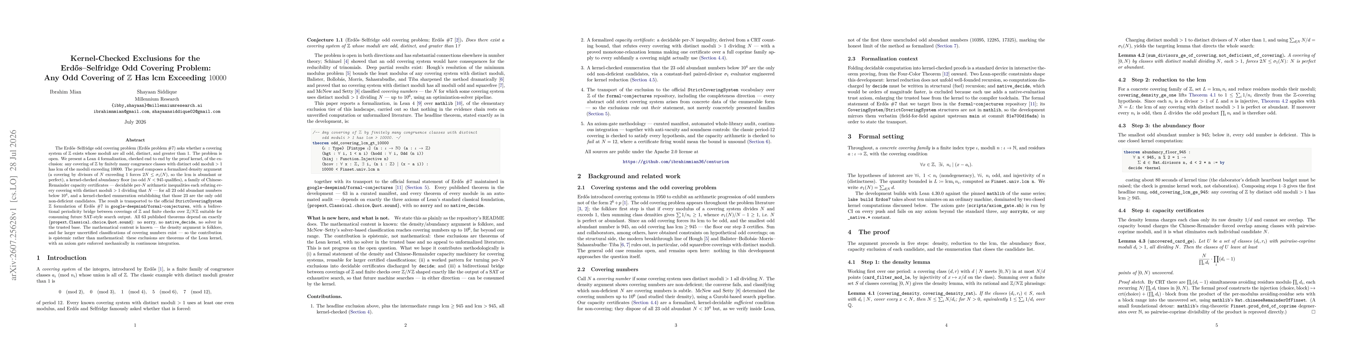 Thumbnail for Kernel-Checked Exclusions for the Erdős-Selfridge Odd Covering Problem: Any Odd Covering of $\mathbb{Z}$ Has lcm Exceeding 10000