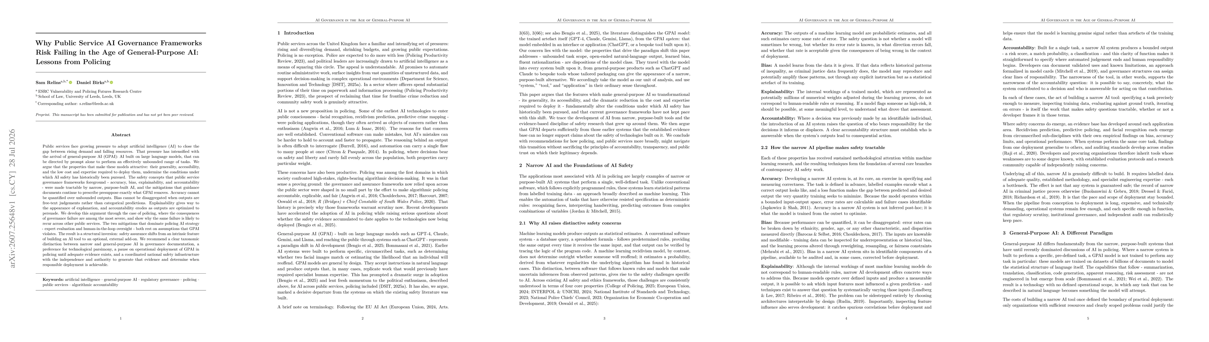 Thumbnail for Why Public Service AI Governance Frameworks Risk Failing in the Age of General-Purpose AI: Lessons from Policing