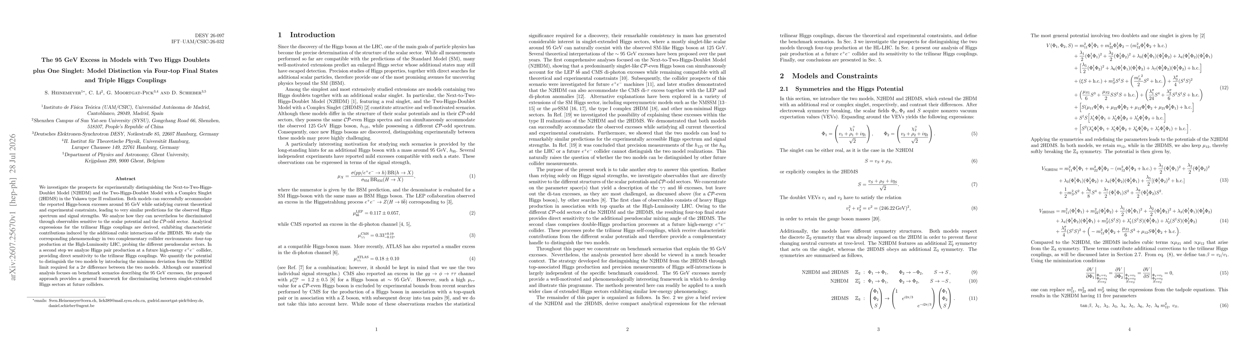 Thumbnail for The 95 GeV Excess in Models with Two Higgs Doublets plus One Singlet: Model Distinction via Four-top Final States and Triple Higgs Couplings