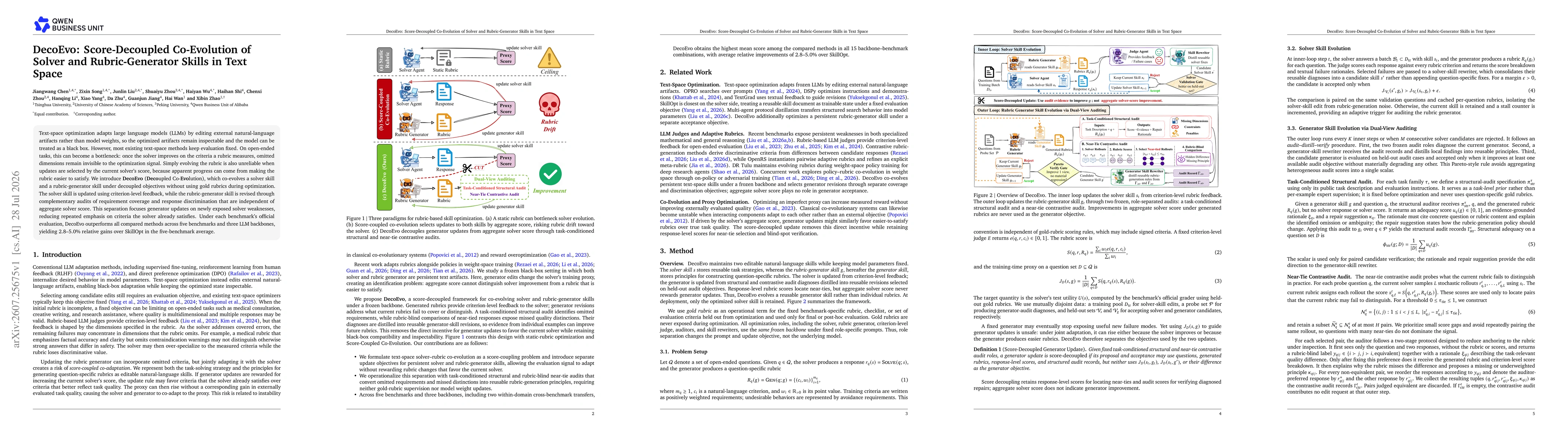 Thumbnail for DecoEvo: Score-Decoupled Co-Evolution of Solver and Rubric-Generator Skills in Text Space