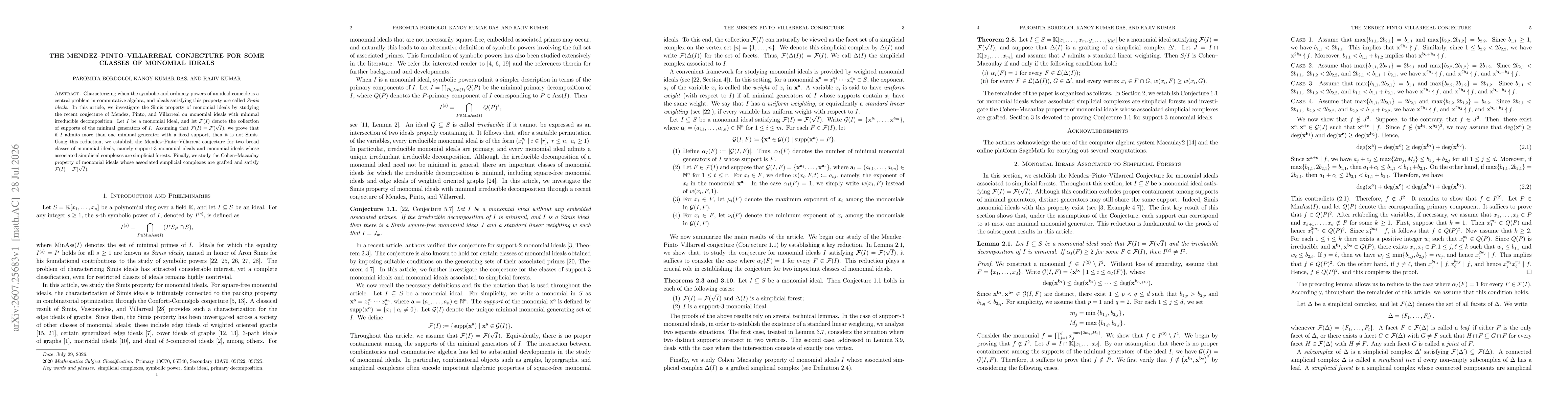 Thumbnail for The Mendez-Pinto-Villarreal Conjecture for some classes of monomial ideals
