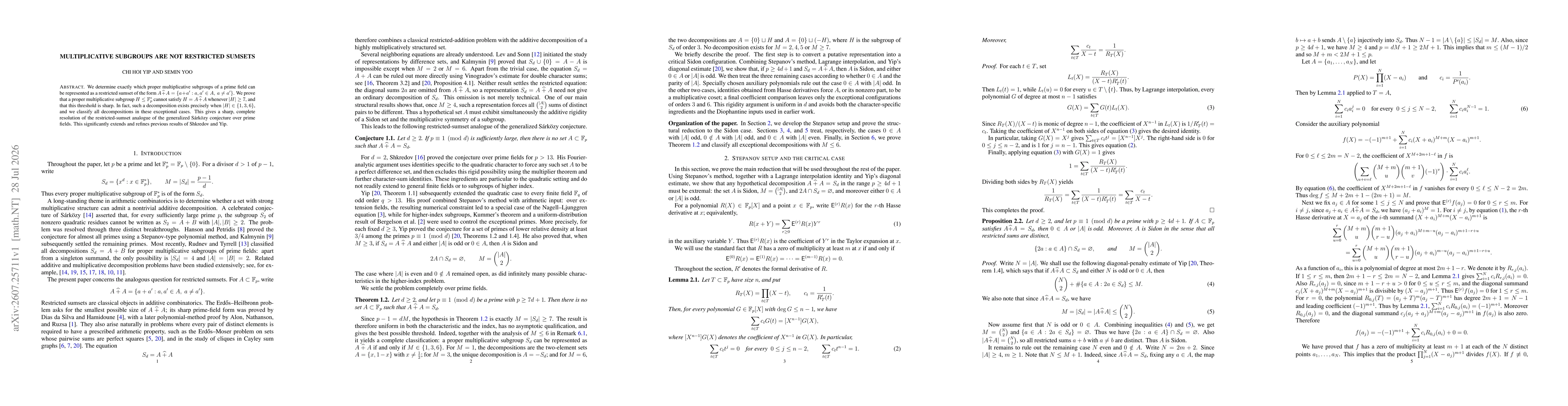 Thumbnail for Multiplicative subgroups are not restricted sumsets