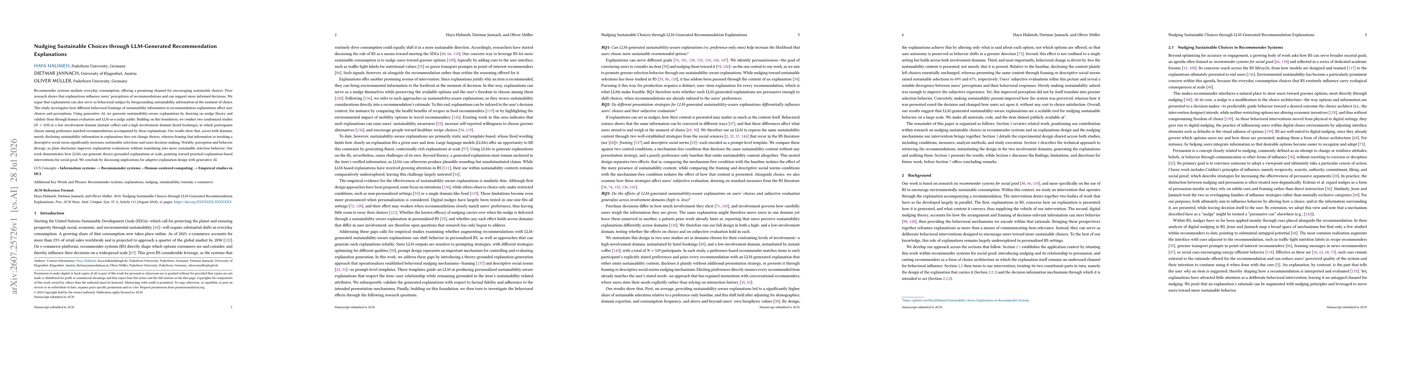 Thumbnail for Nudging Sustainable Choices through LLM-Generated Recommendation Explanations