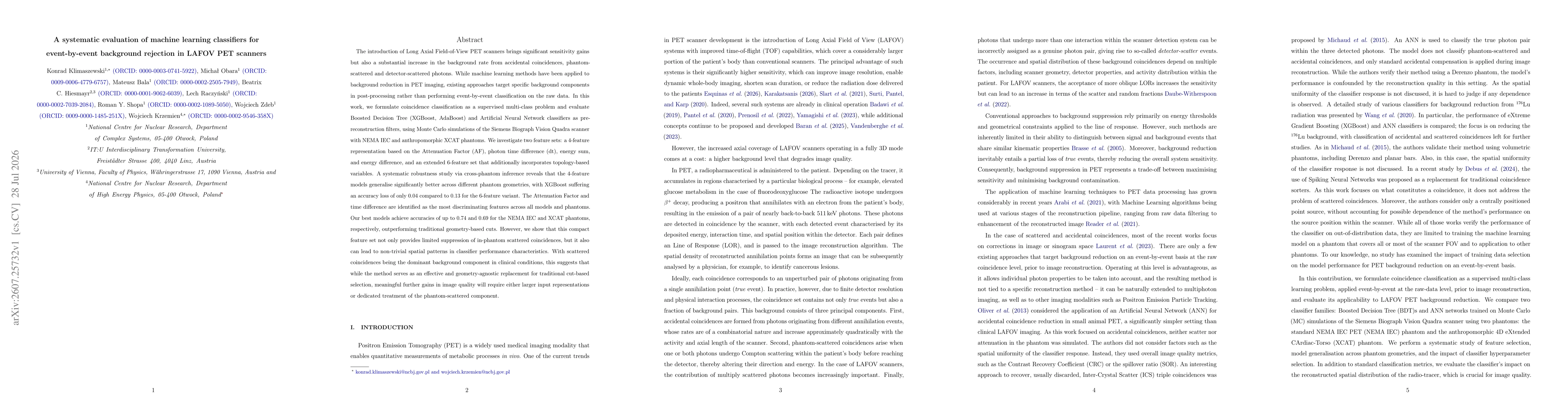 Thumbnail for A systematic evaluation of machine learning classifiers for event-by-event background rejection in LAFOV PET scanners