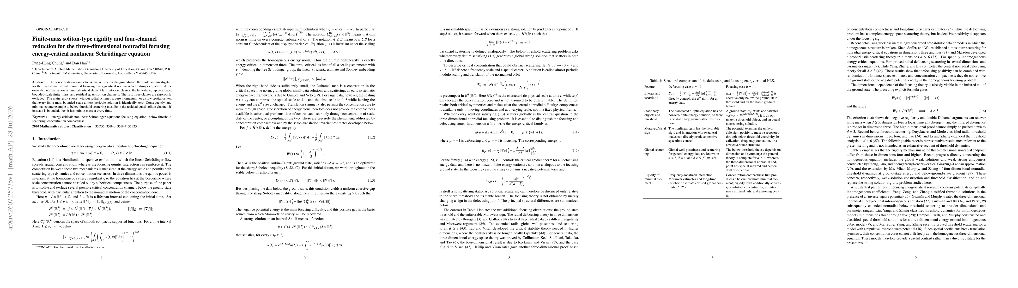 Thumbnail for Finite-mass soliton-type rigidity and four-channel reduction for the three-dimensional nonradial focusing energy-critical nonlinear Schrödinger equation