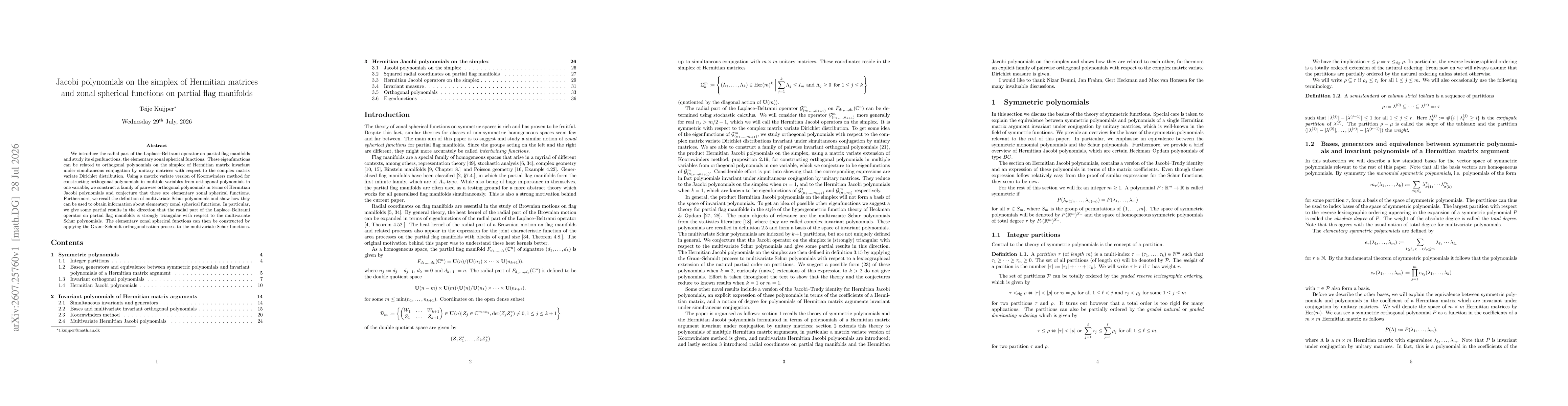 Thumbnail for Jacobi polynomials on the simplex of Hermitian matrices and zonal spherical functions on partial flag manifolds
