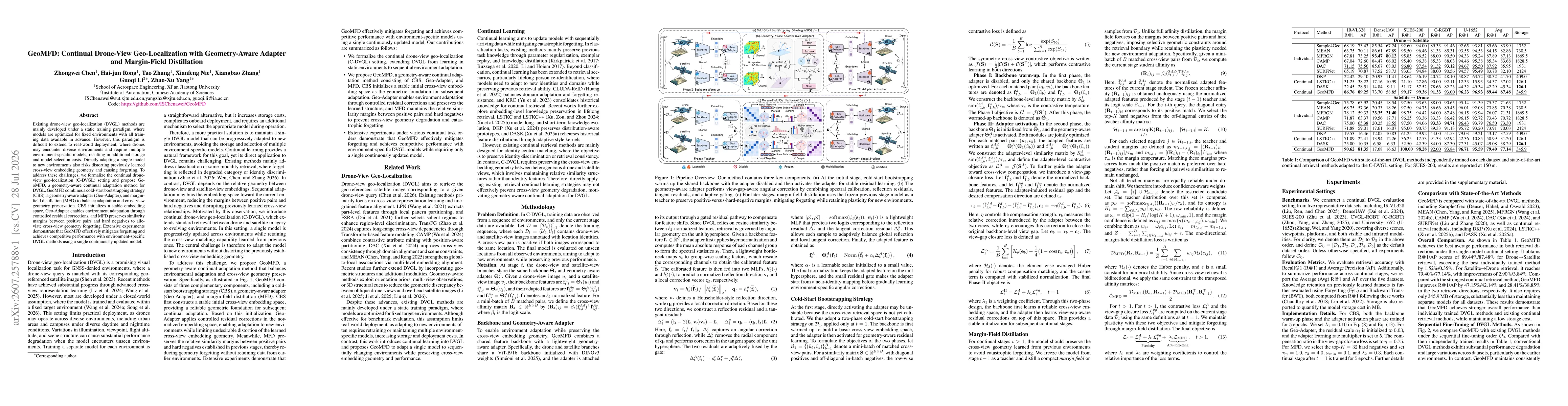 Thumbnail for GeoMFD: Continual Drone-View Geo-Localization with Geometry-Aware Adapter and Margin-Field Distillation
