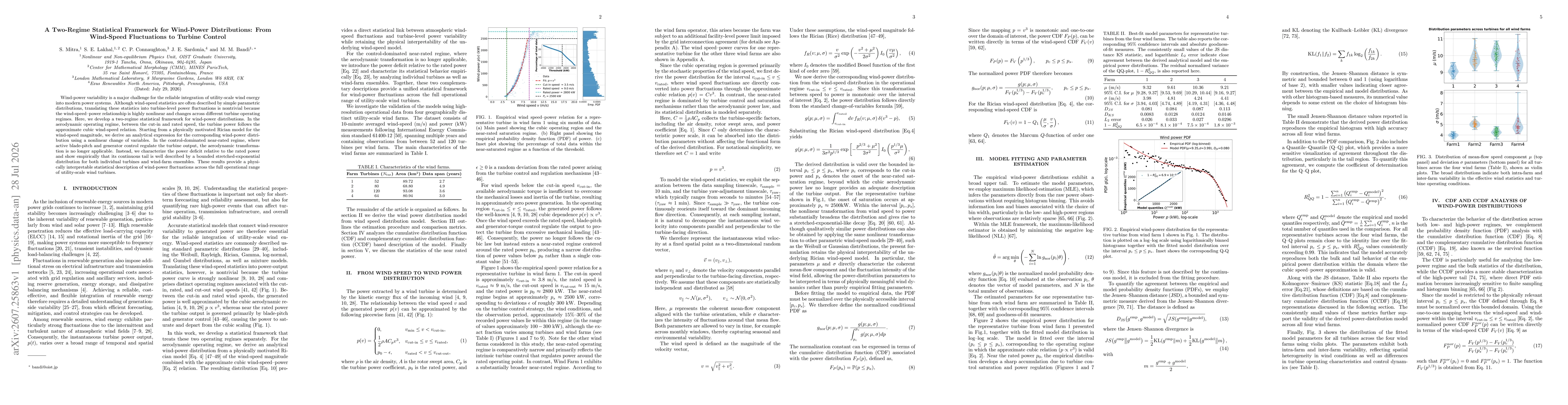 Thumbnail for A Two-Regime Statistical Framework for Wind-Power Distributions: From Wind-Speed Fluctuations to Turbine Control
