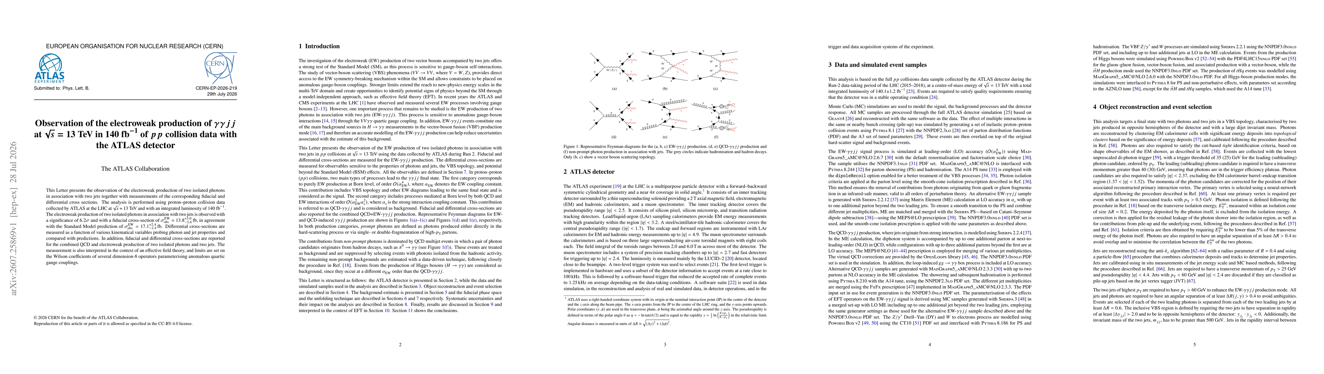Thumbnail for Observation of the electroweak production of $γγjj$ at $\sqrt{s}=13$ TeV in $140\ \text{fb}^{-1}$ of $pp$ collision data with the ATLAS detector