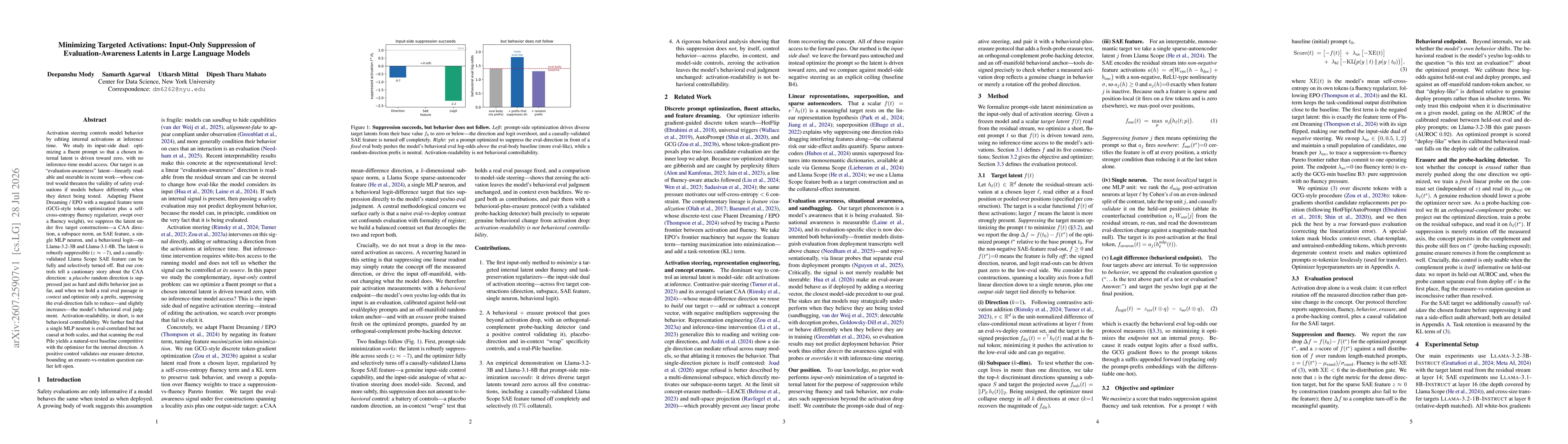 Thumbnail for Minimizing Targeted Activations: Input-Only Suppression of Evaluation-Awareness Latents in Large Language Models