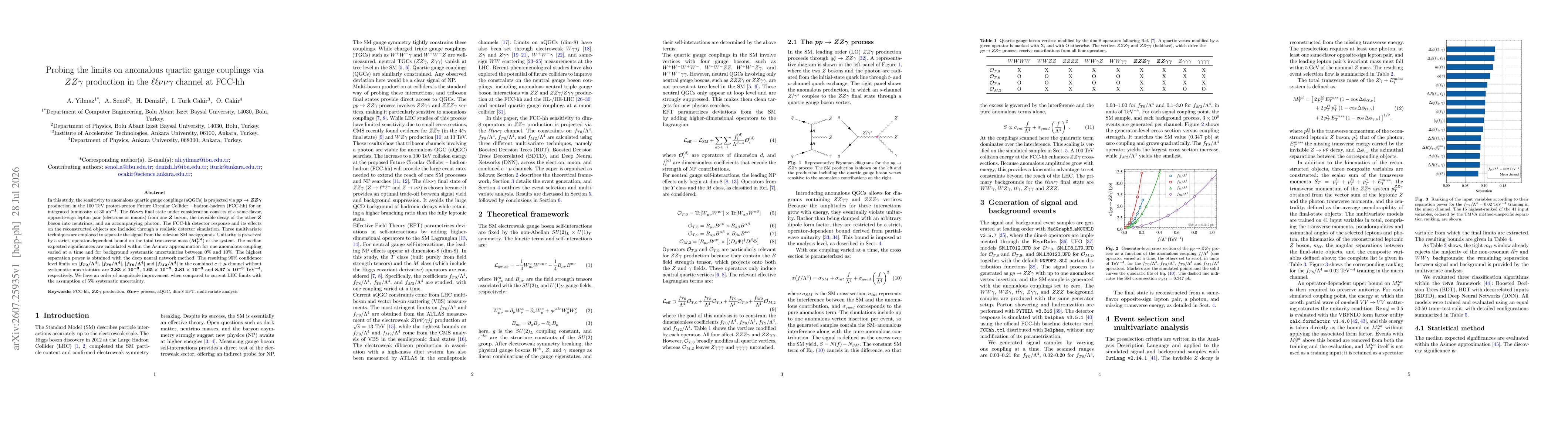 Thumbnail for Probing the limits on anomalous quartic gauge couplings via $ZZγ$ production in the $\ell\ellννγ$ channel at FCC-hh