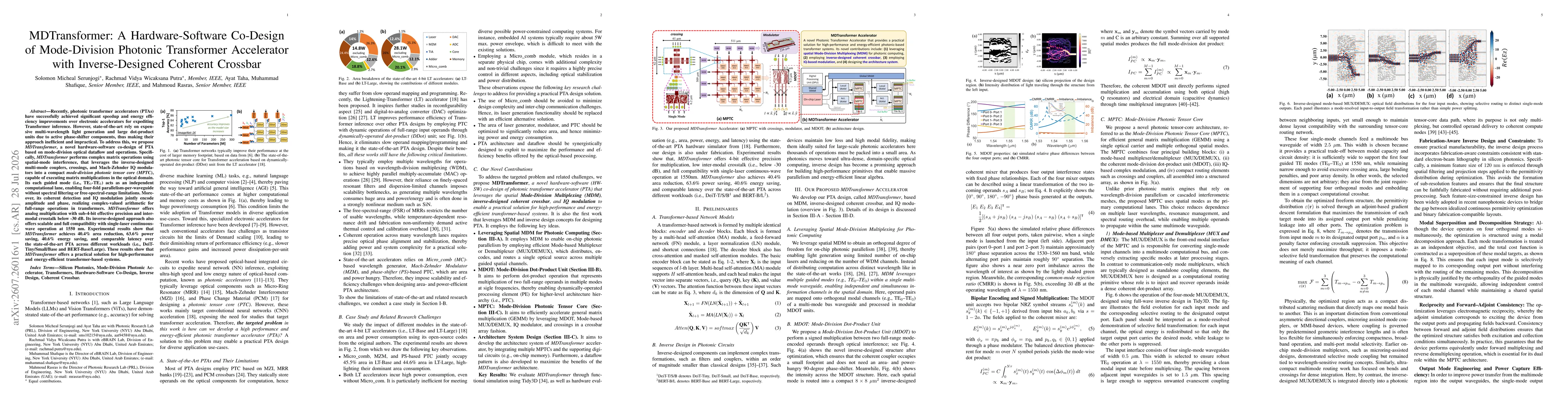 Thumbnail for MDTransformer: A Hardware-Software Co-Design of Mode-Division Photonic Transformer Accelerator with Inverse-Designed Coherent Crossbar