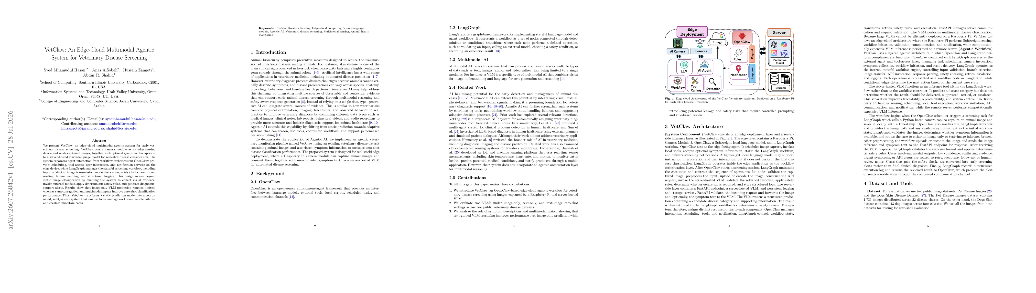 Thumbnail for VetClaw: An Edge-Cloud Multimodal Agentic System for Veterinary Disease Screening