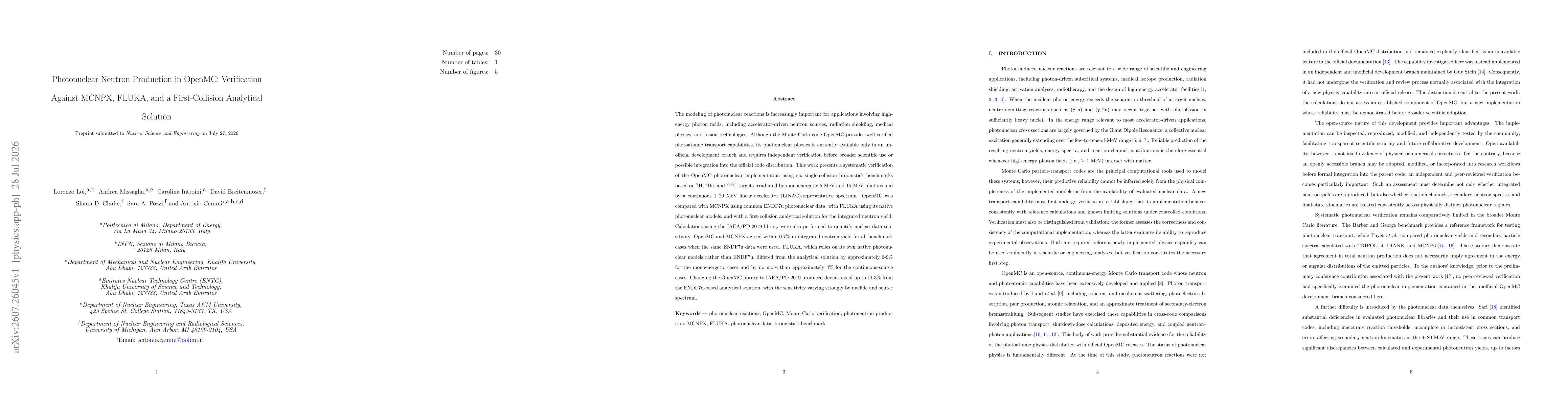Thumbnail for Photonuclear Neutron Production in OpenMC: Verification Against MCNPX, FLUKA, and a First-Collision Analytical Solution