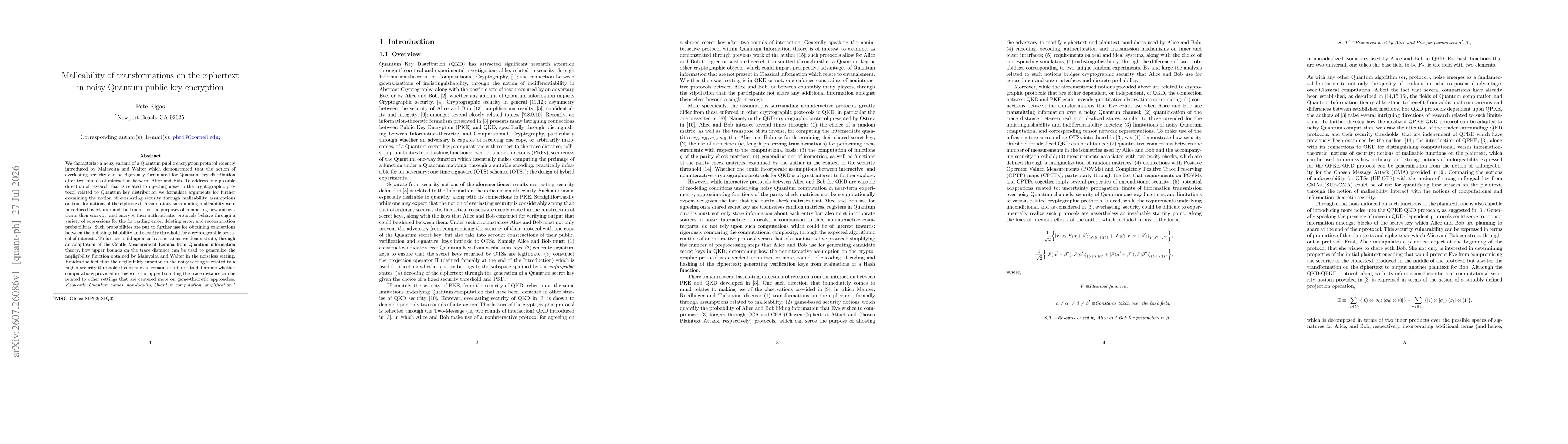 Thumbnail for Malleability of transformations on the ciphertext in noisy Quantum public key encryption