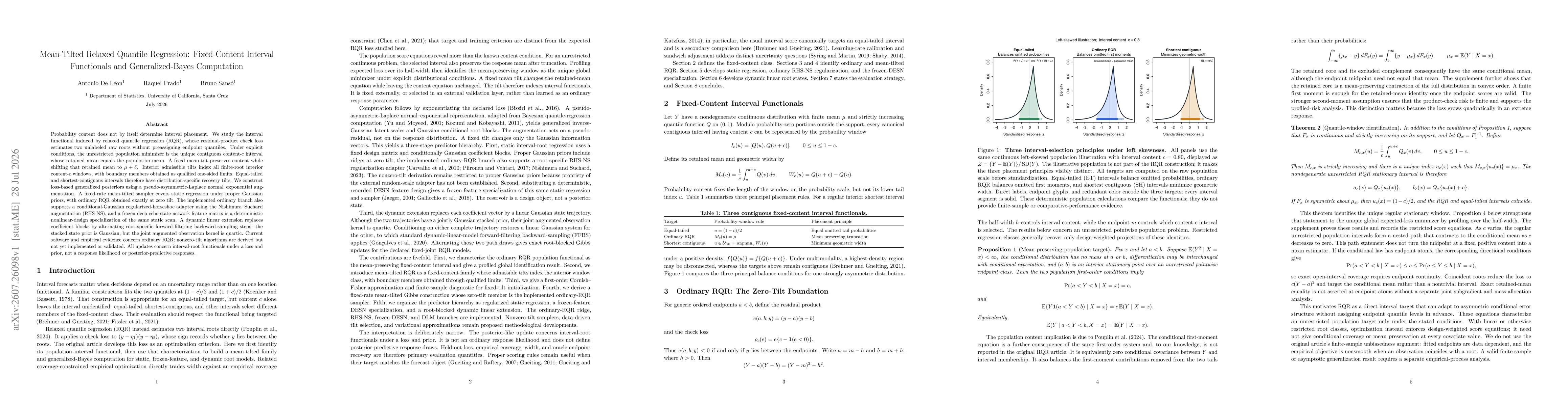 Thumbnail for Mean-Tilted Relaxed Quantile Regression: Fixed-Content Interval Functionals and Generalized-Bayes Computation