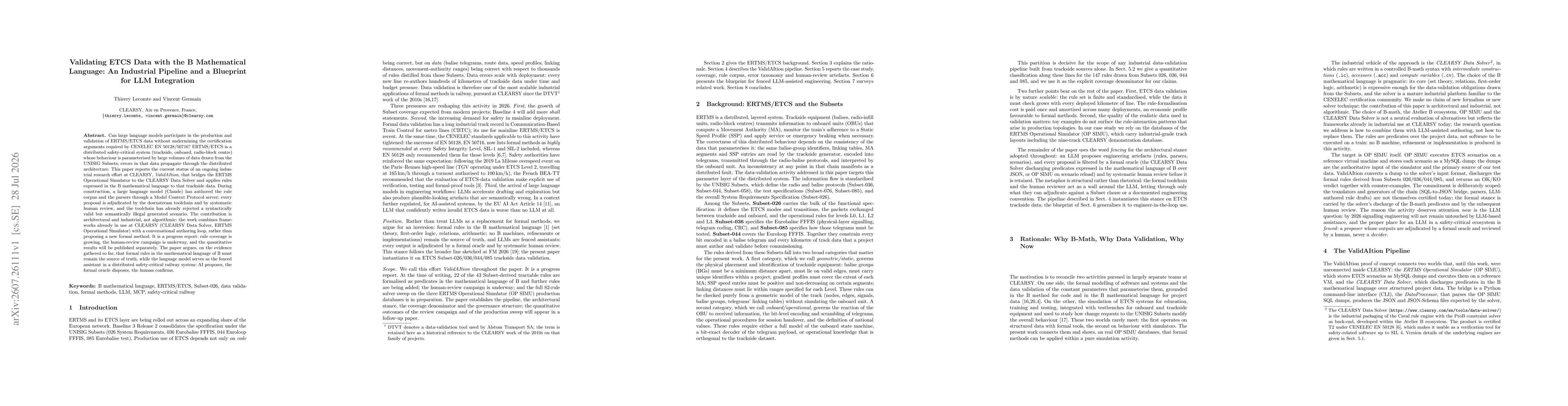 Thumbnail for Validating ETCS Data with the B Mathematical Language: An Industrial Pipeline and a Blueprint for LLM Integration