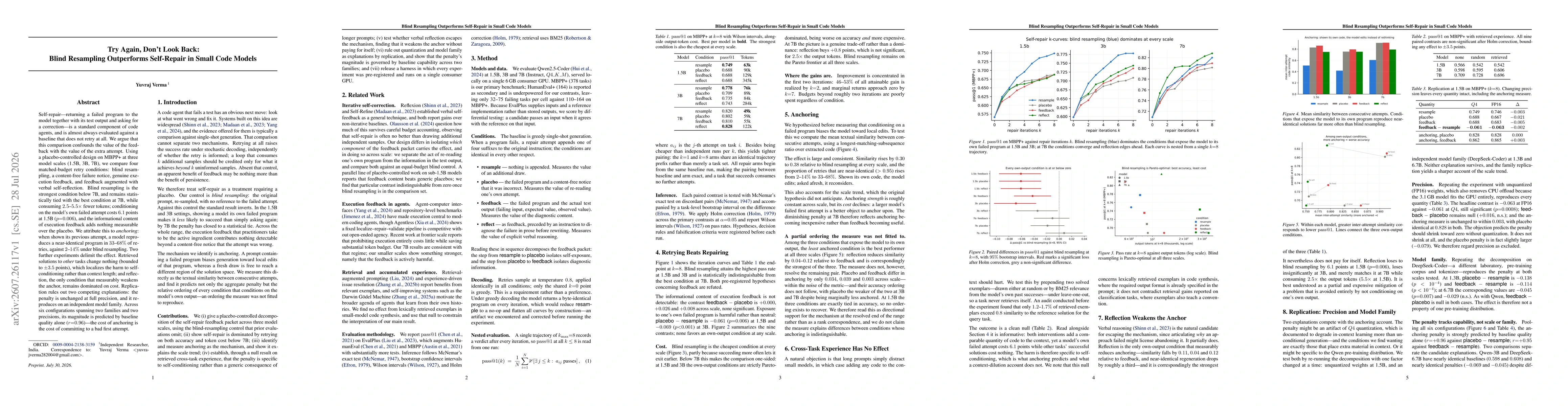 Thumbnail for Try Again, Don't Look Back: Blind Resampling Outperforms Self-Repair in Small Code Models