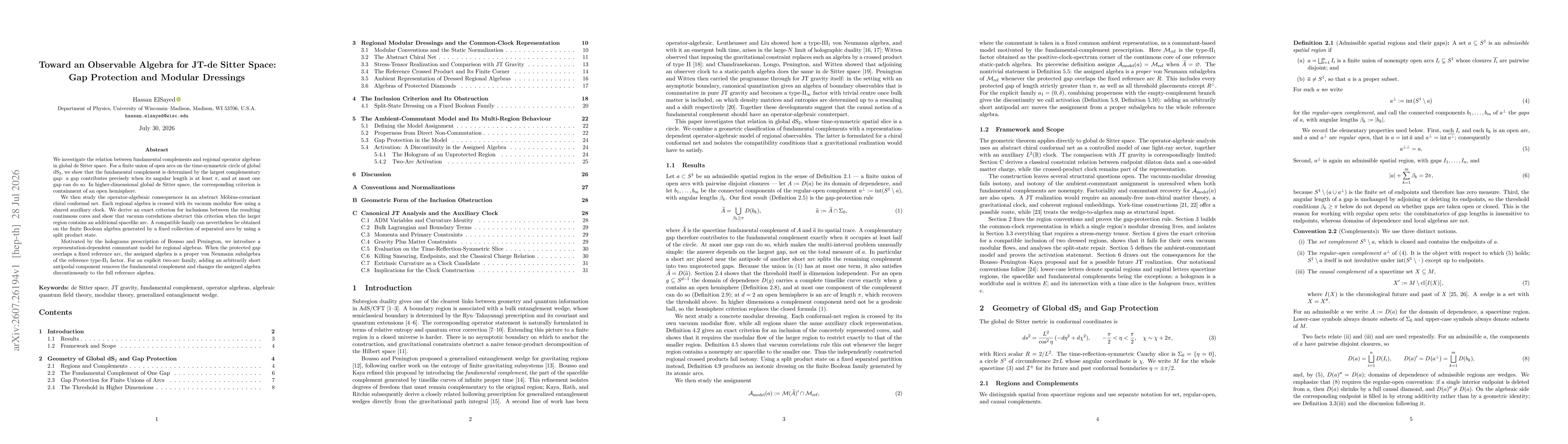 Thumbnail for Toward an Observable Algebra for JT-de Sitter Space: Gap Protection and Modular Dressings