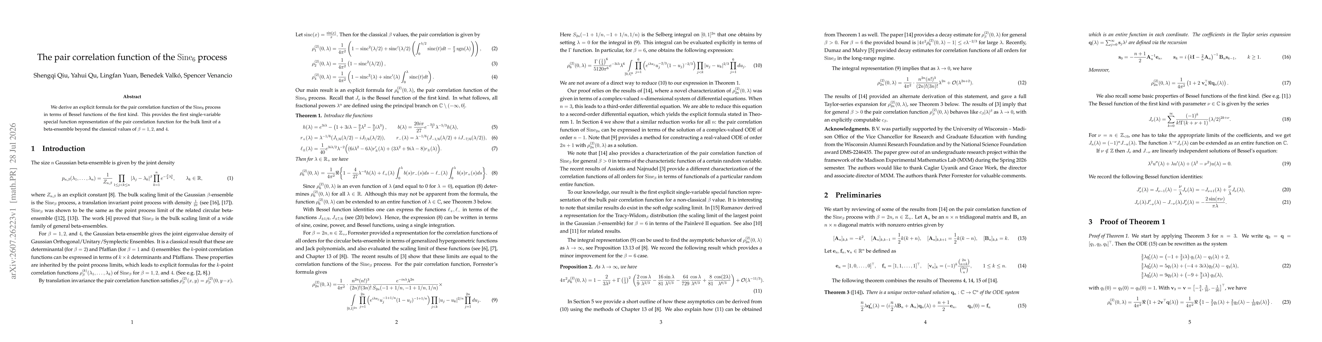 Thumbnail for The pair correlation function of the Sine$_6$ process