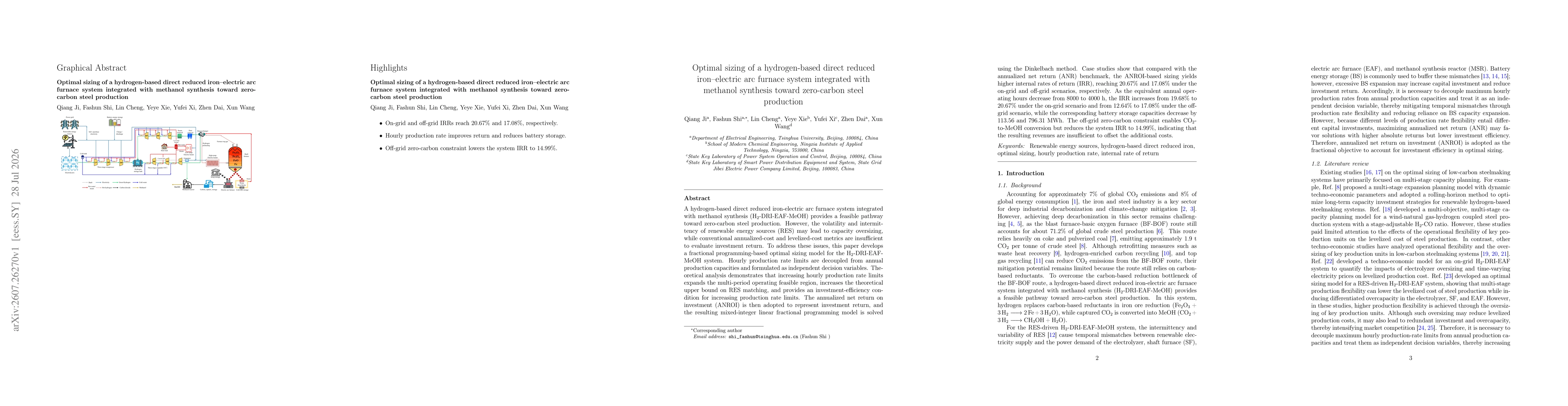 Thumbnail for Optimal sizing of a hydrogen-based direct reduced iron-electric arc furnace system integrated with methanol synthesis toward zero-carbon steel production