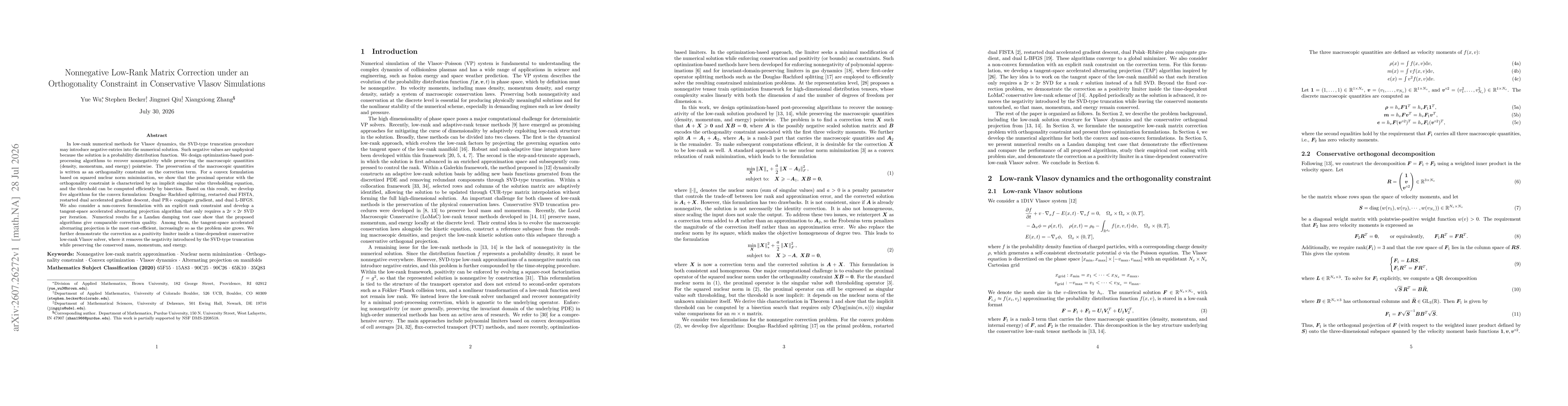 Thumbnail for Nonnegative Low-Rank Matrix Correction under an Orthogonality Constraint in Conservative Vlasov Simulations