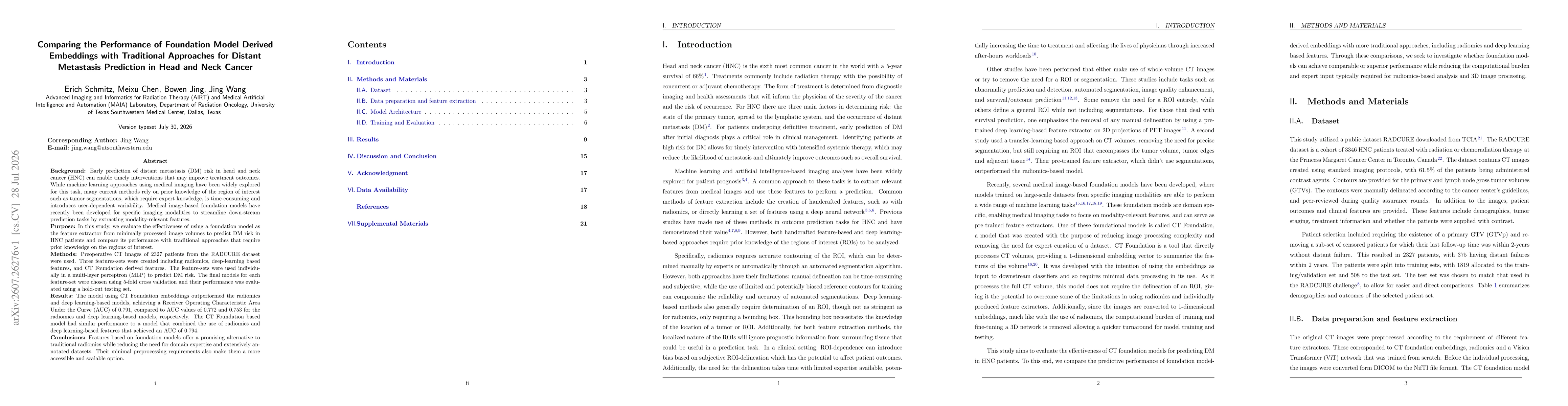 Thumbnail for Comparing the Performance of Foundation Model Derived Embeddings with Traditional Approaches for Distant Metastasis Prediction in Head and Neck Cancer