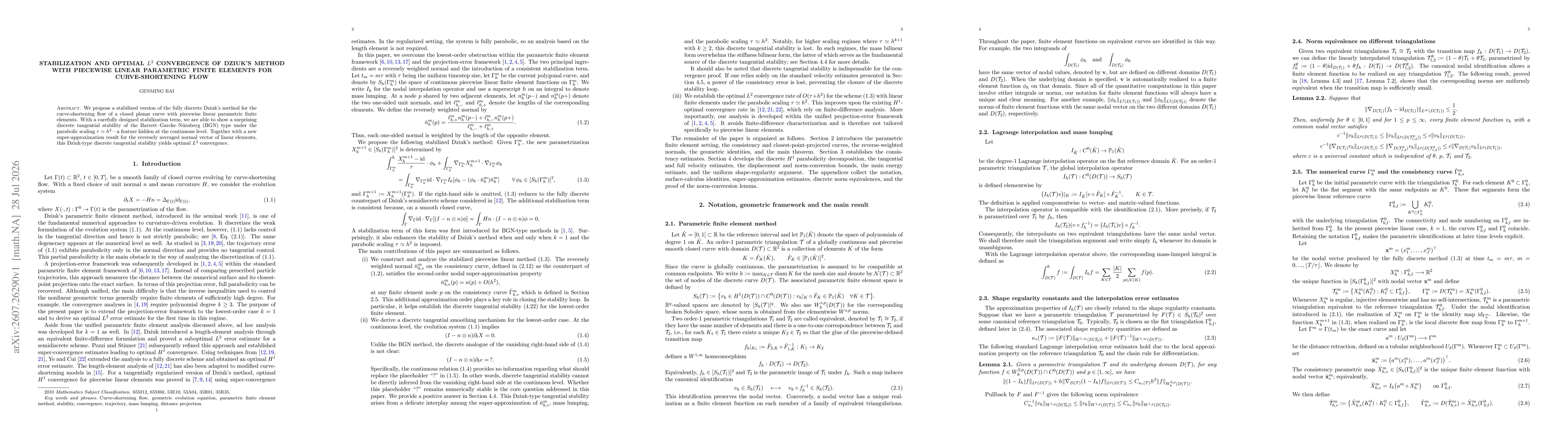 Thumbnail for Stabilization and optimal $L^2$ convergence of Dziuk's method with piecewise linear parametric finite elements for curve-shortening flow
