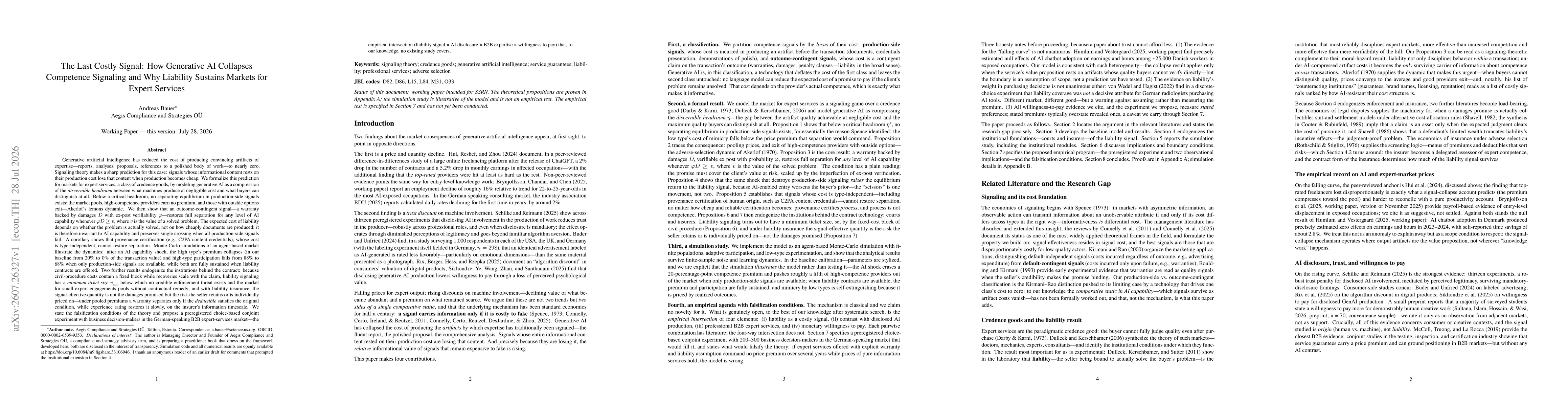 Thumbnail for The Last Costly Signal: How Generative AI Collapses Competence Signaling and Why Liability Sustains Markets for Expert Services