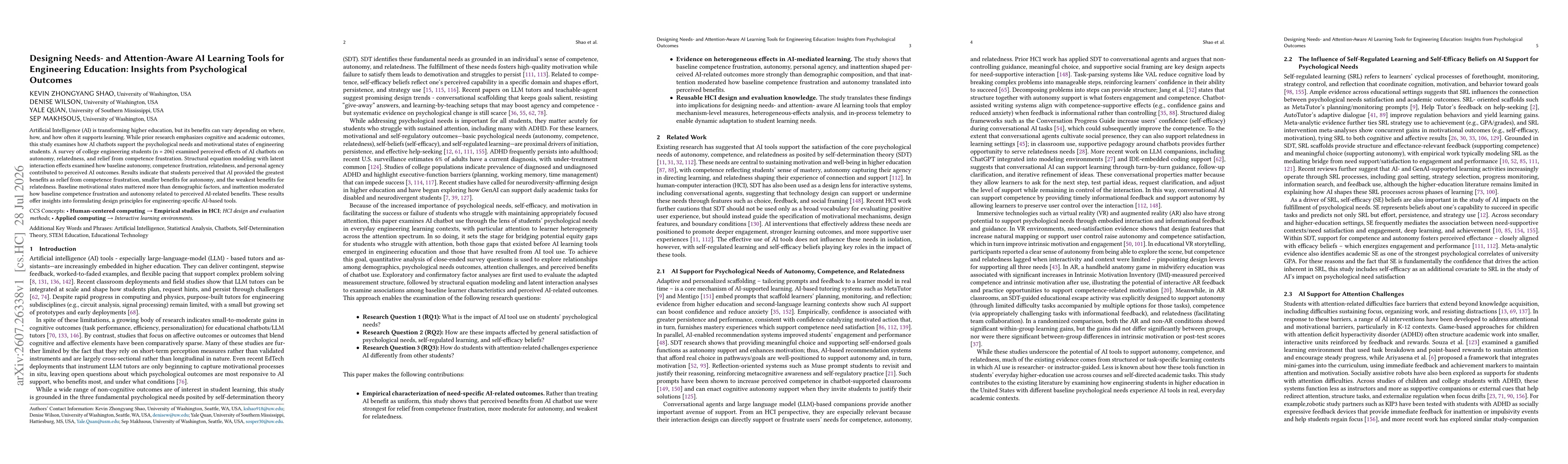 Thumbnail for Designing Needs- and Attention-Aware AI Learning Tools for Engineering Education: Insights from Psychological Outcomes