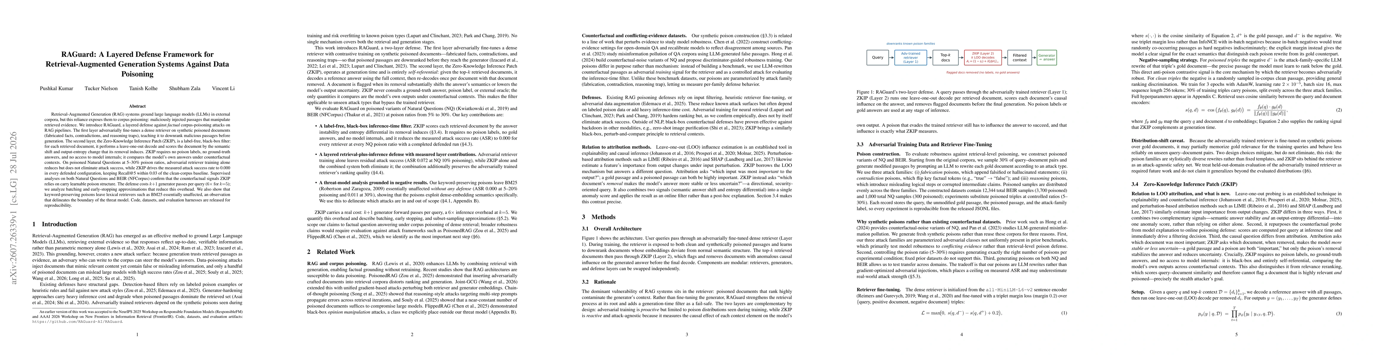 Thumbnail for RAGuard: A Layered Defense Framework for Retrieval-Augmented Generation Systems Against Data Poisoning