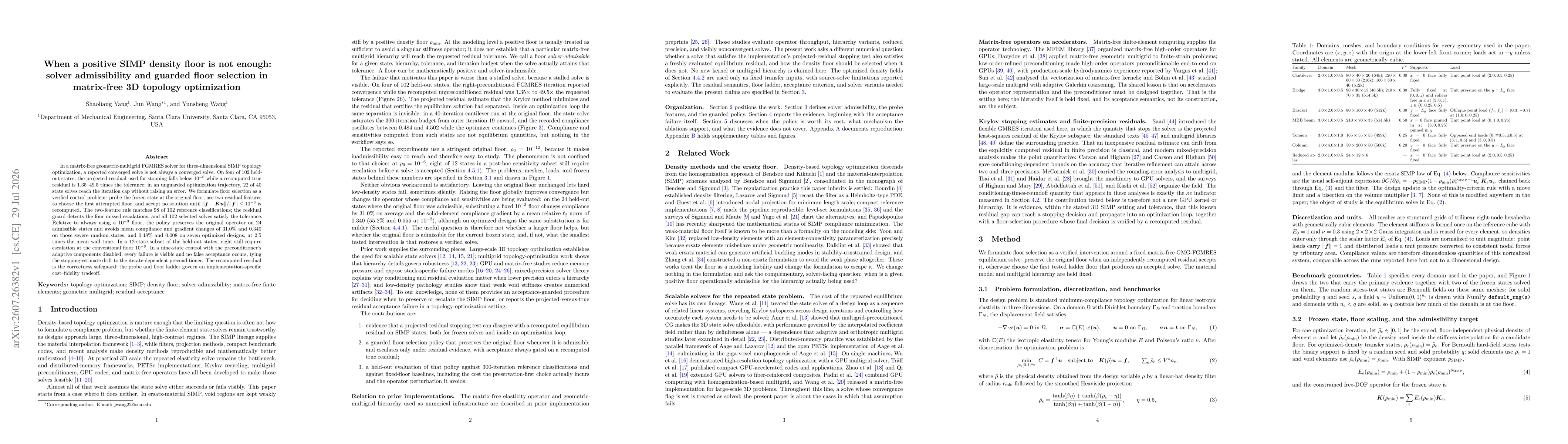 Thumbnail for When a positive SIMP density floor is not enough: solver admissibility and guarded floor selection in matrix-free 3D topology optimization