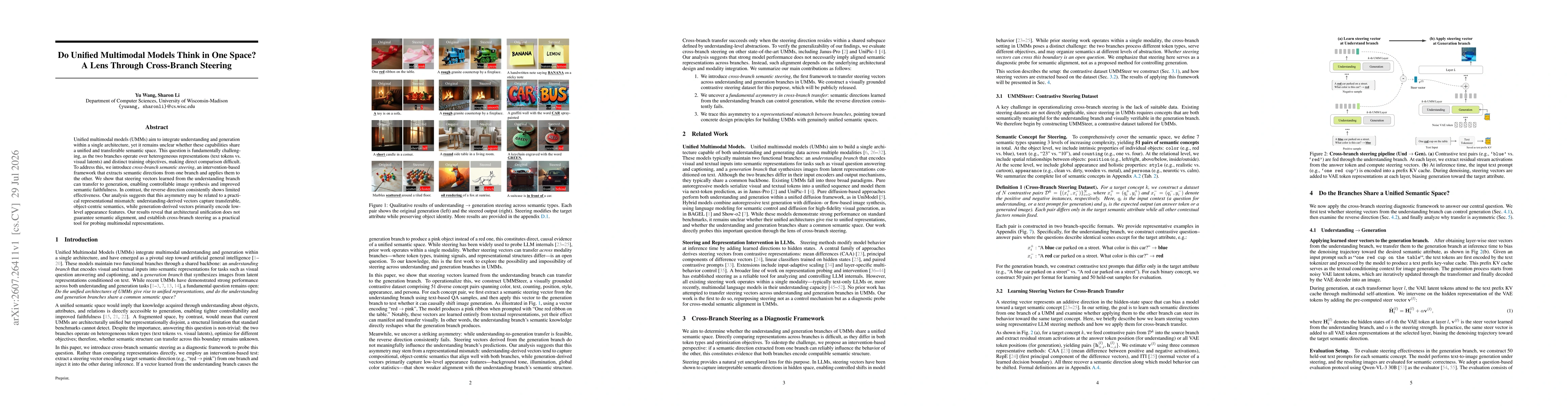 Thumbnail for Do Unified Multimodal Models Think in One Space? A Lens Through Cross-Branch Steering