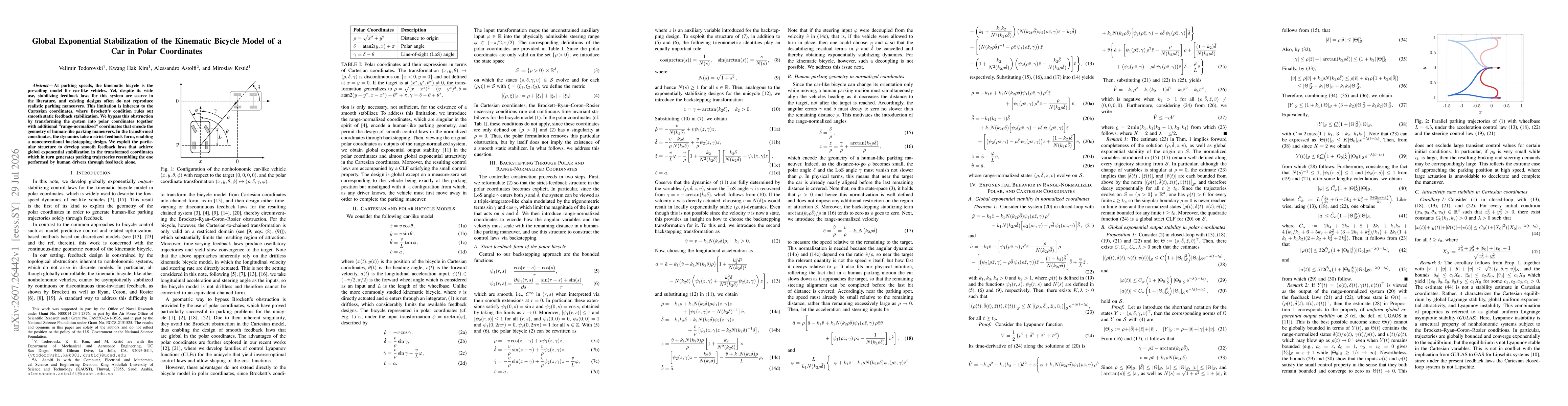 Thumbnail for Global Exponential Stabilization of the Kinematic Bicycle Model of a Car in Polar Coordinates