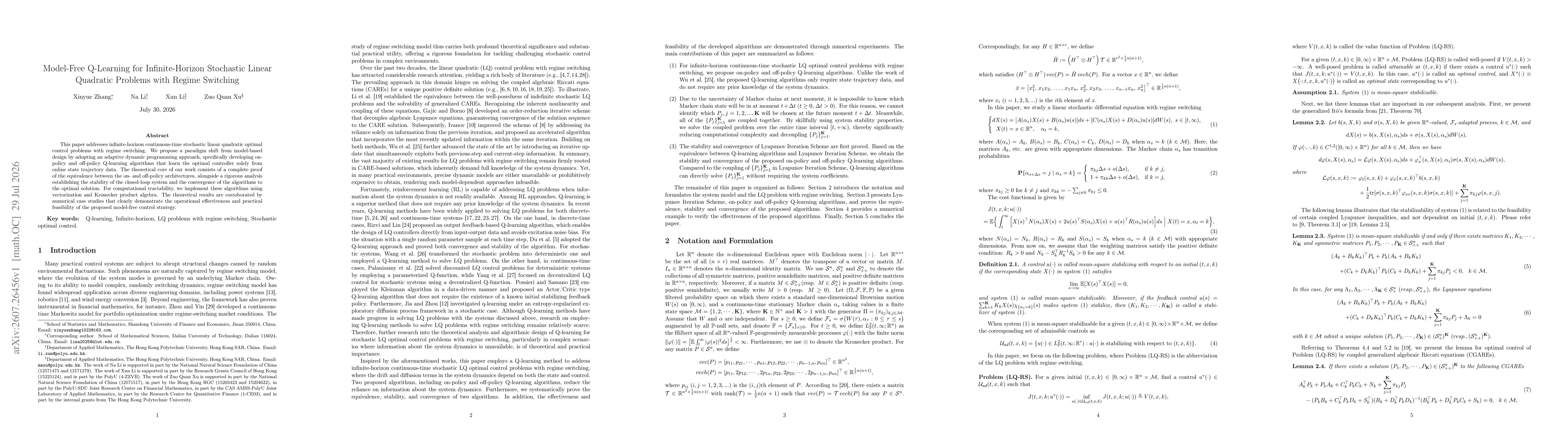 Thumbnail for Model-Free Q-Learning for Infinite-Horizon Stochastic Linear Quadratic Problems with Regime Switching